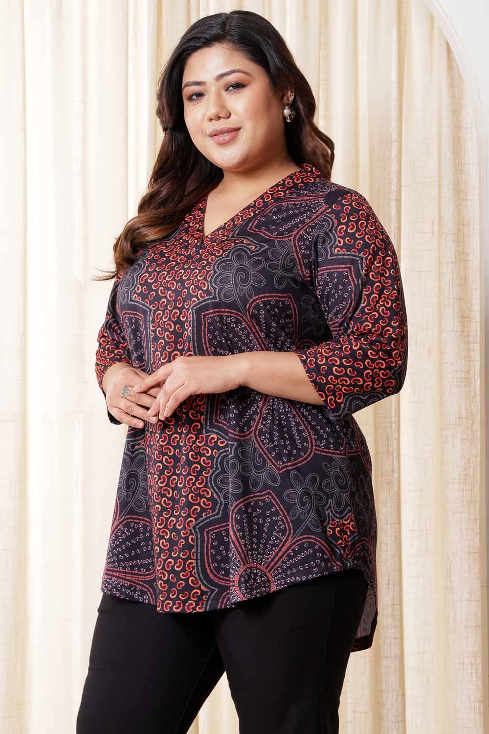 Plus Size High Low  Maroon Floral Top in Soft knitted fabric | Made to Order