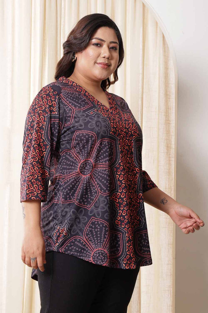 Plus Size High Low  Maroon Floral Top in Soft knitted fabric | Made to Order