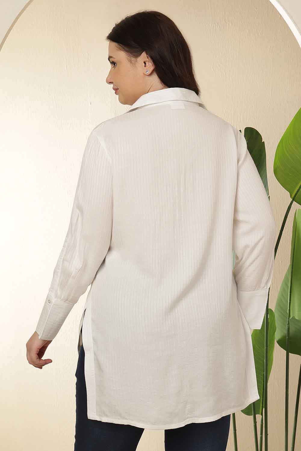 Plus Size White High Slit Styled Cuff Cotton Shirt  | Made to Order
