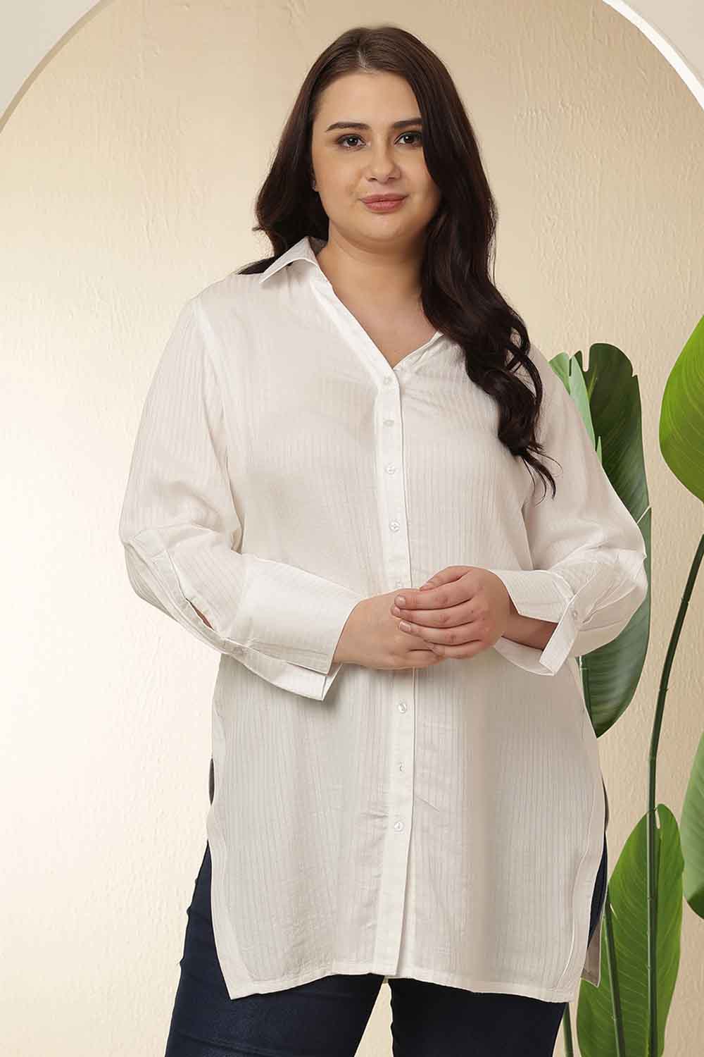 Plus Size White High Slit Styled Cuff Cotton Shirt  | Made to Order