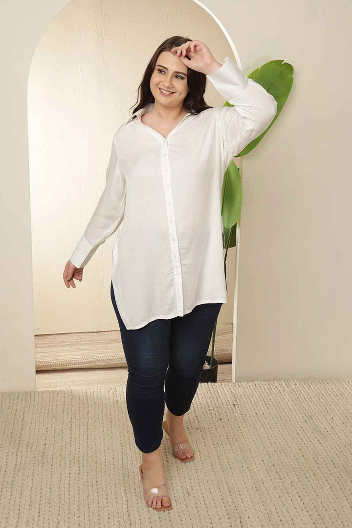 Plus Size White High Slit Styled Cuff Cotton Shirt  | Made to Order