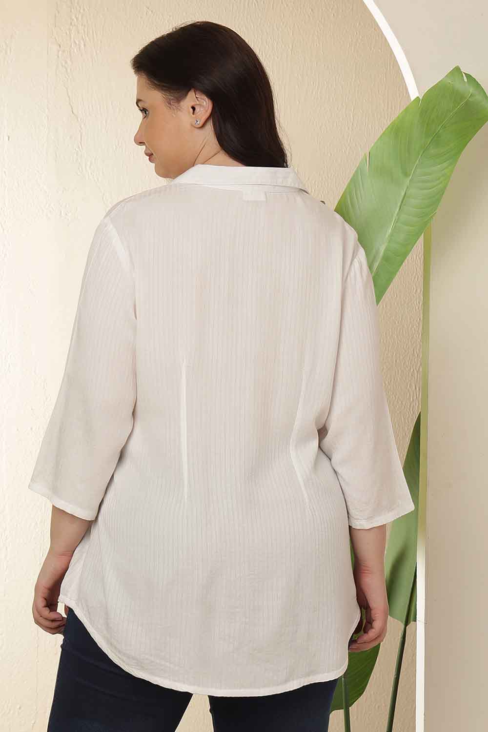 Plus Size White Cuban Collar Cotton Shirt  | Made to Order
