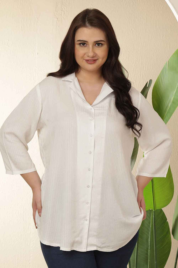 Plus Size White Cuban Collar Cotton Shirt  | Made to Order