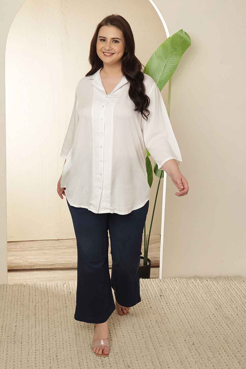 Plus Size White Cuban Collar Cotton Shirt  | Made to Order