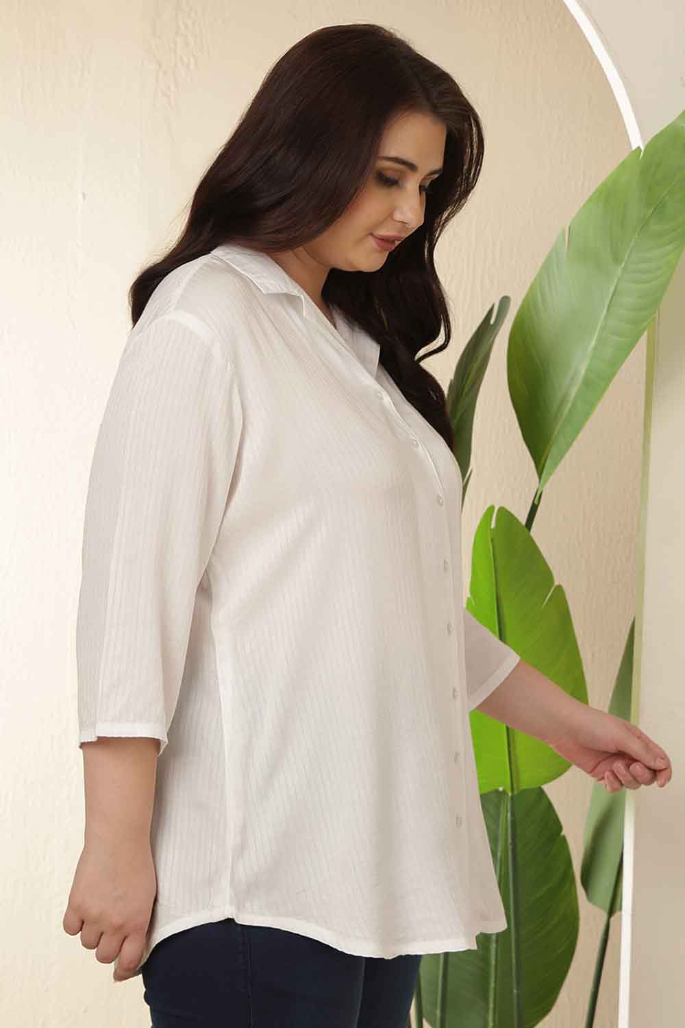 Plus Size White Cuban Collar Cotton Shirt  | Made to Order