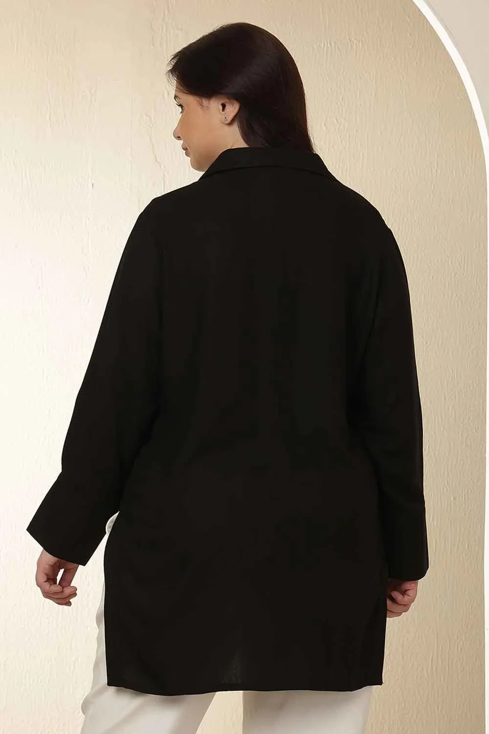 Plus Size Black High Slit Styled Cuff Cotton Shirt  | Made to Order
