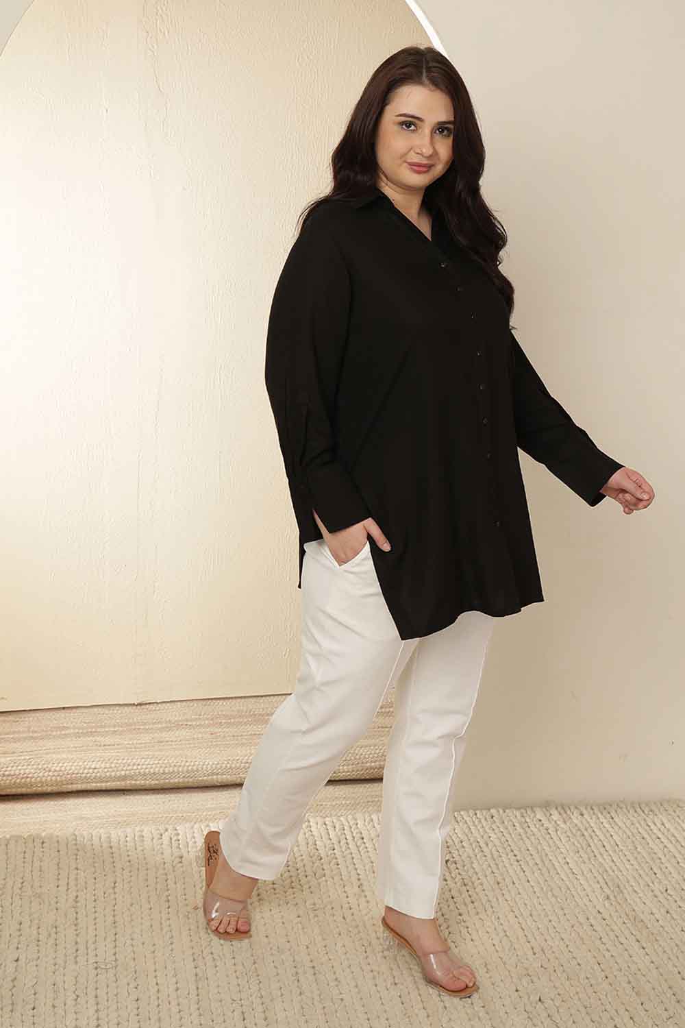 Plus Size Black High Slit Styled Cuff Cotton Shirt  | Made to Order