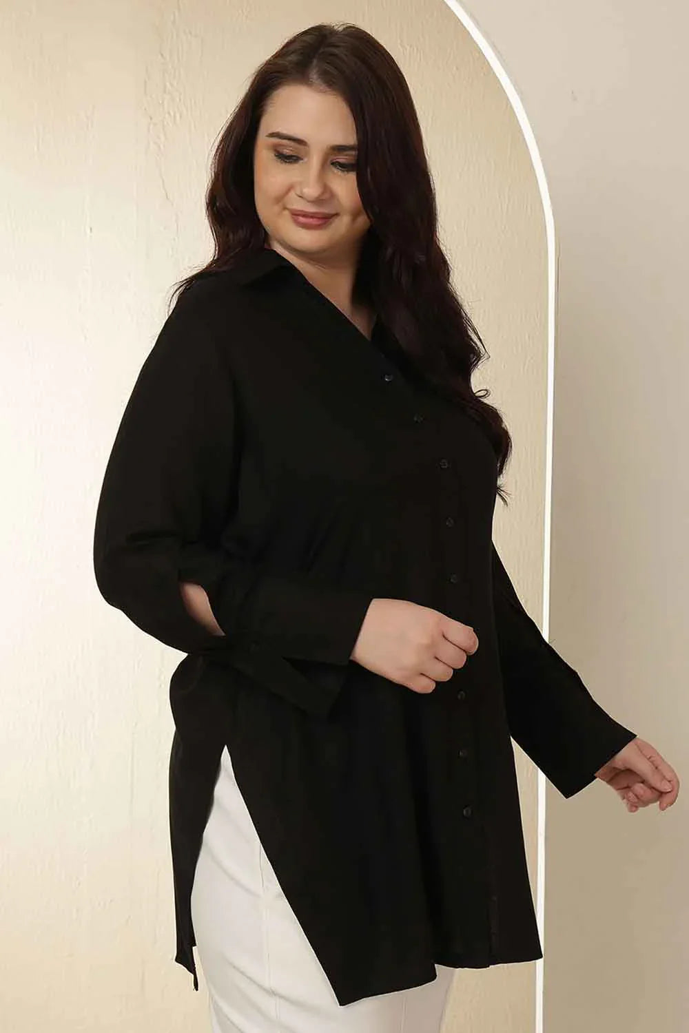 Plus Size Black High Slit Styled Cuff Cotton Shirt  | Made to Order