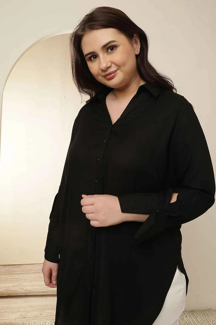 Plus Size Black High Slit Styled Cuff Cotton Shirt  | Made to Order