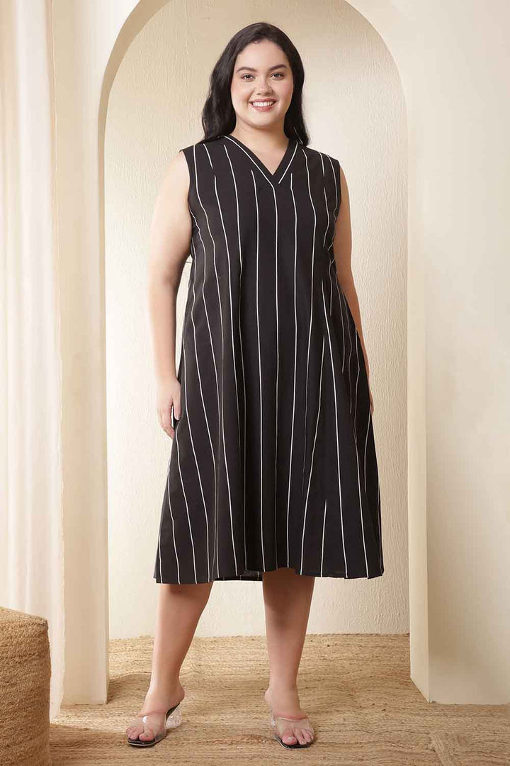 Plus Size Vertical Stripes Sleeveless Cotton Midi Dress  | Made to Order