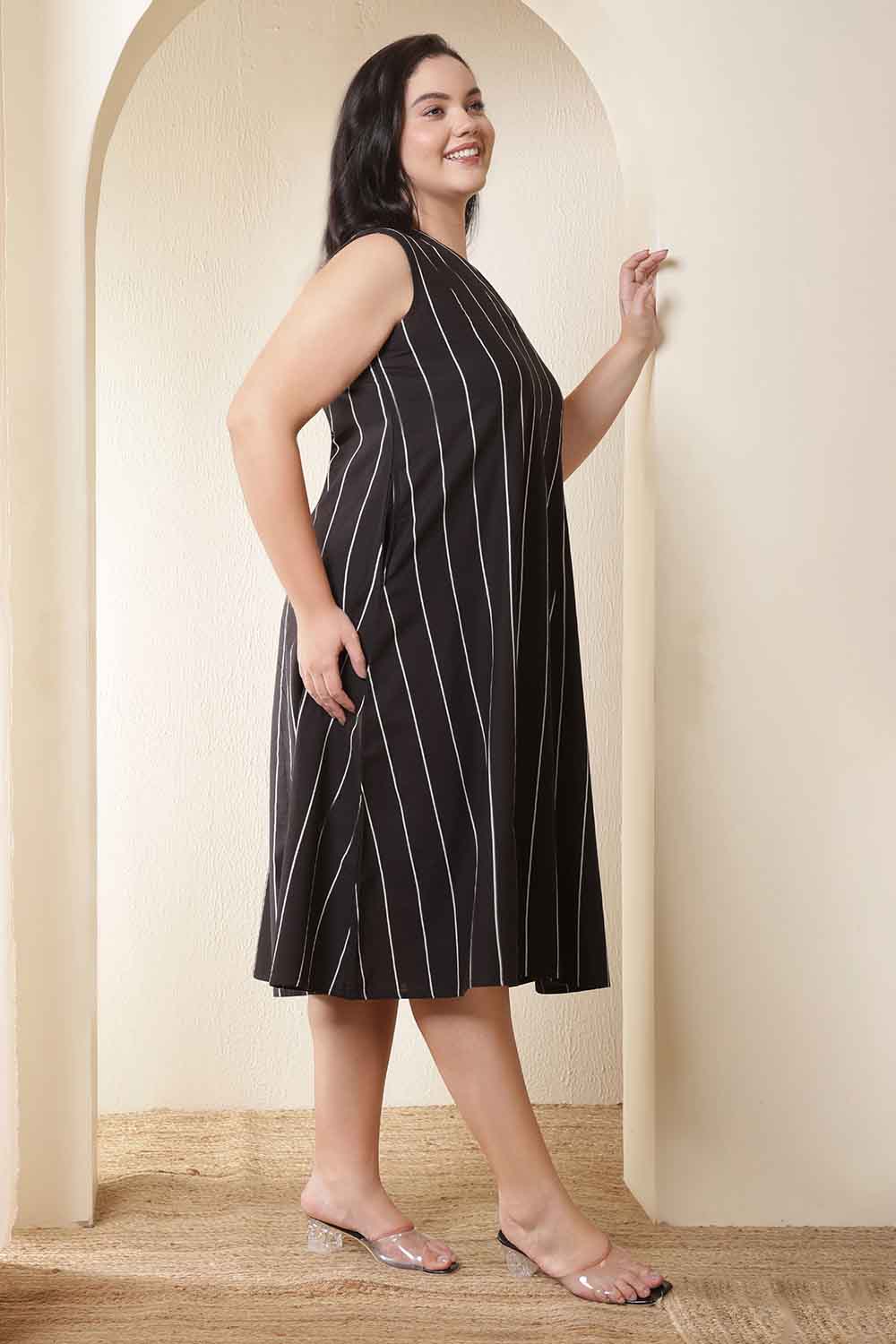 Plus Size Vertical Stripes Sleeveless Cotton Midi Dress  | Made to Order