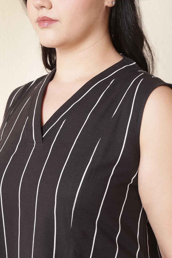 Plus Size Vertical Stripes Sleeveless Cotton Midi Dress  | Made to Order