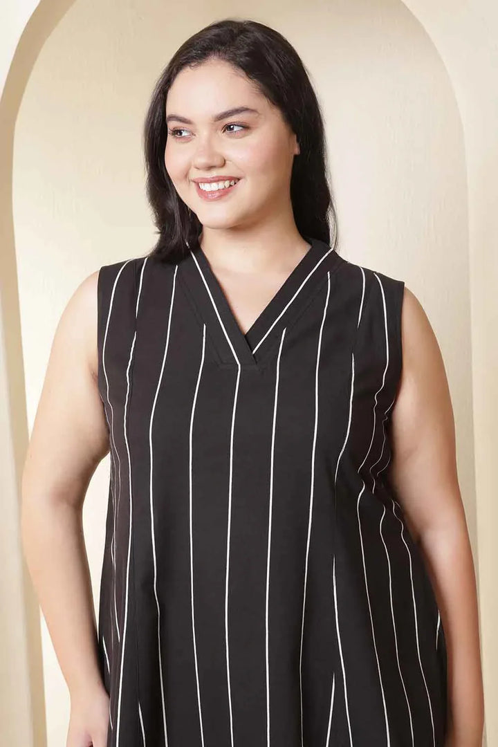 Plus Size Vertical Stripes Sleeveless Cotton Midi Dress  | Made to Order