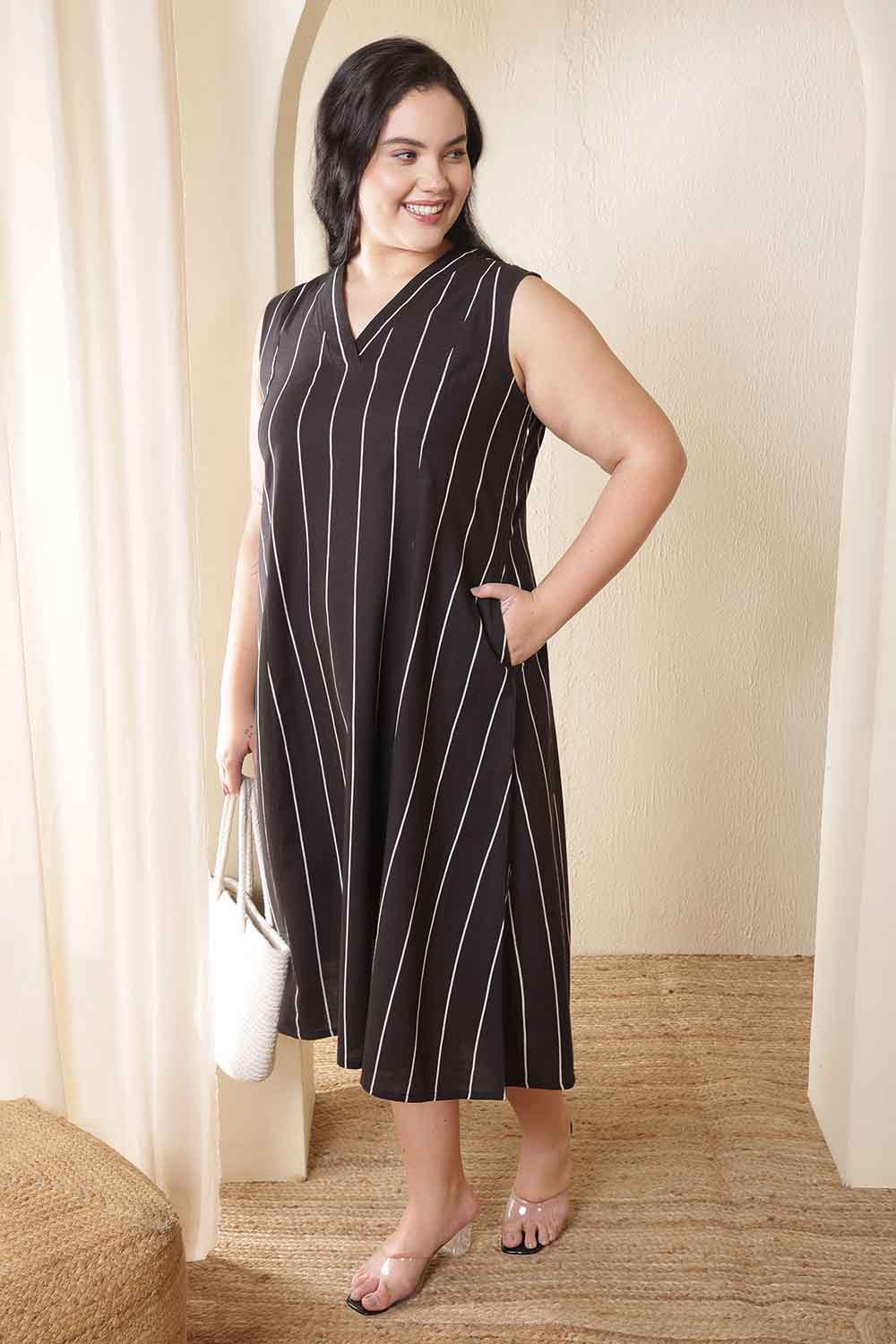 Plus Size Vertical Stripes Sleeveless Cotton Midi Dress  | Made to Order