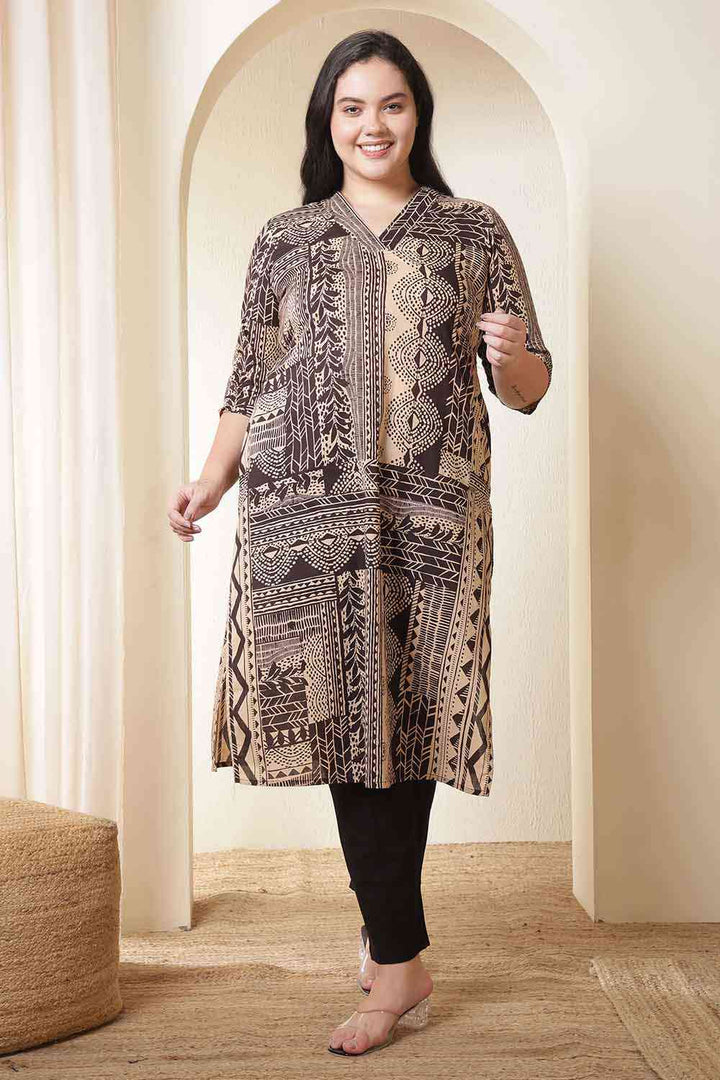 Plus Size Brown Black Printed V Neck Cotton Kurta Tunic| Made to Order