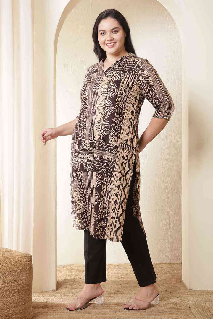 Plus Size Brown Black Printed V Neck Cotton Kurta Tunic| Made to Order