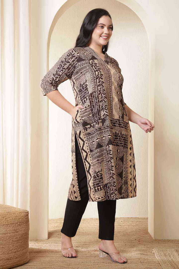 Plus Size Brown Black Printed V Neck Cotton Kurta Tunic| Made to Order