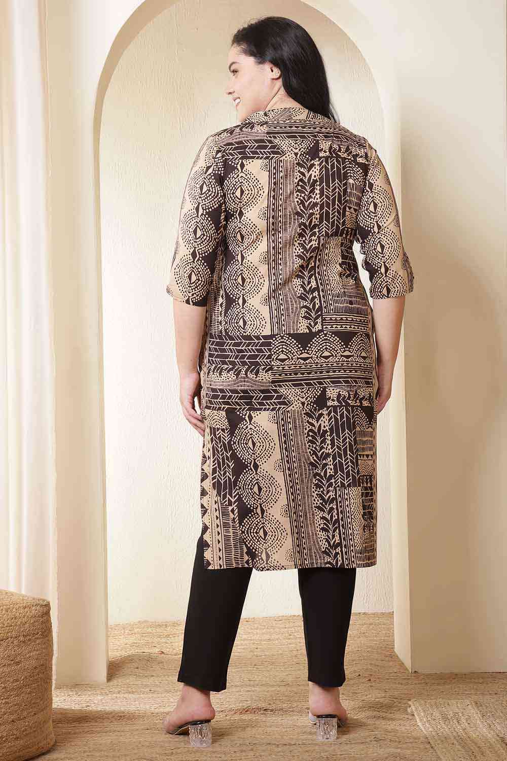 Plus Size Brown Black Printed V Neck Cotton Kurta Tunic| Made to Order