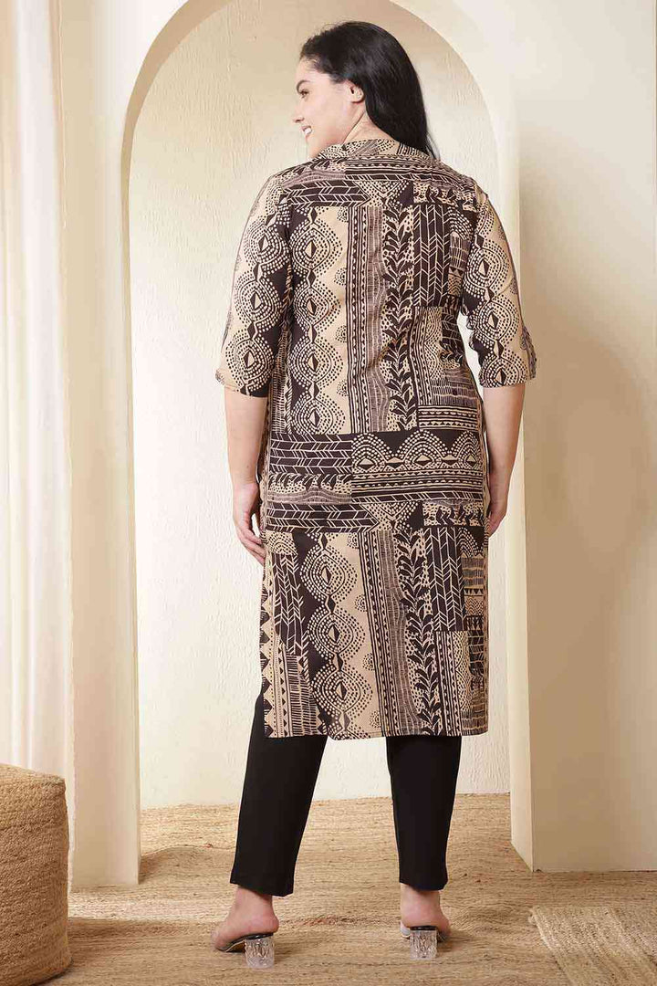 Plus Size Brown Black Printed V Neck Cotton Kurta Tunic| Made to Order
