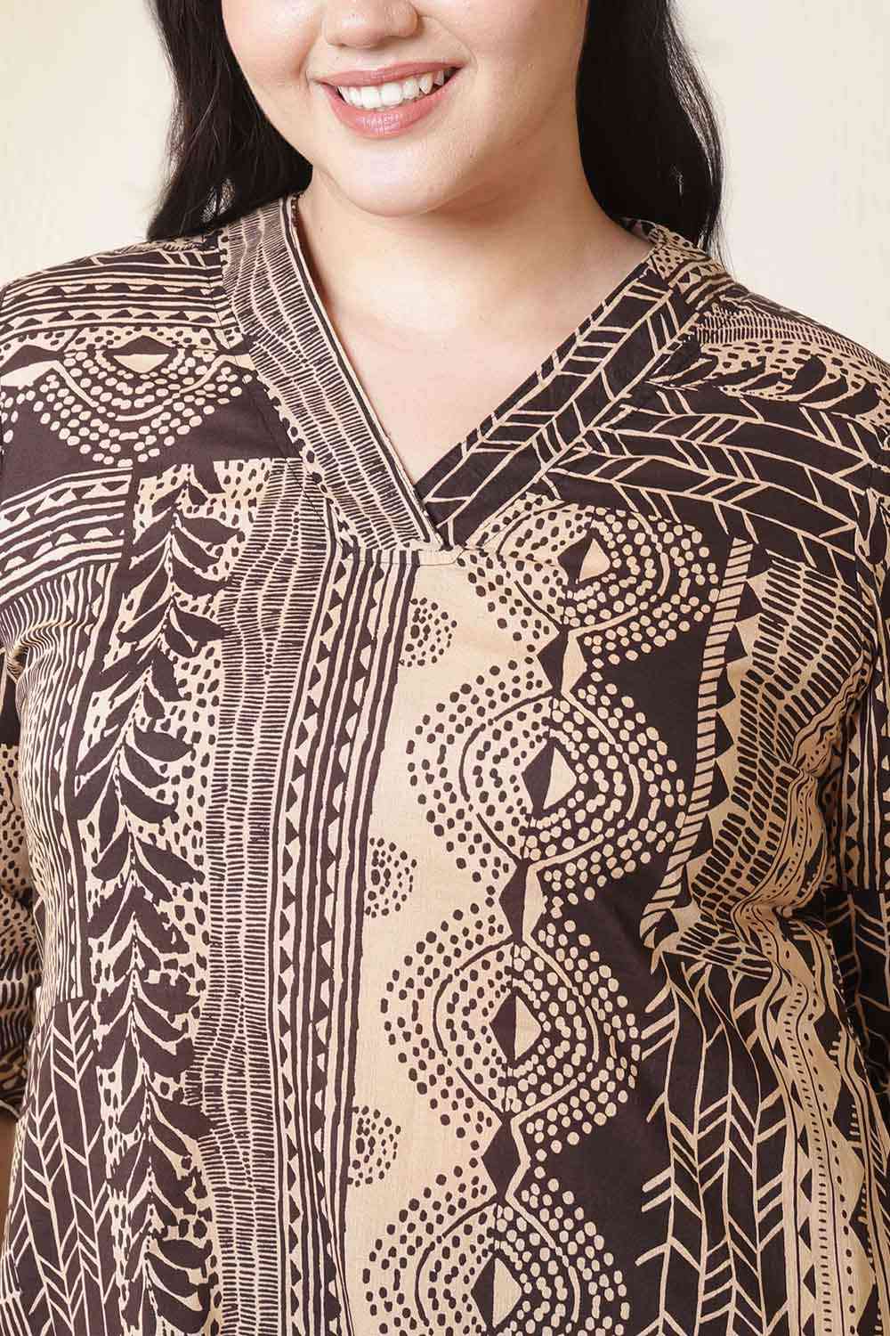 Plus Size Brown Black Printed V Neck Cotton Kurta Tunic| Made to Order