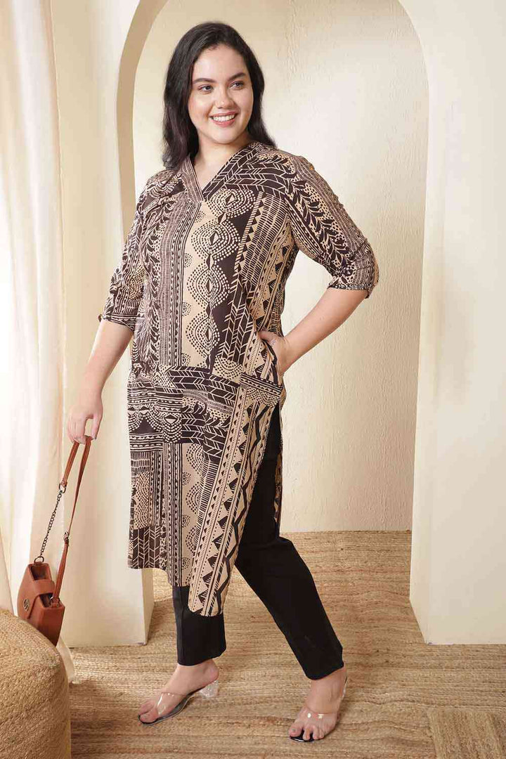 Plus Size Brown Black Printed V Neck Cotton Kurta Tunic| Made to Order