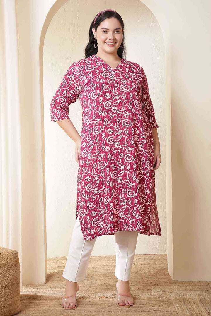 Plus Size Pink Batik Print Cotton V Neck Kurta | Made to Order