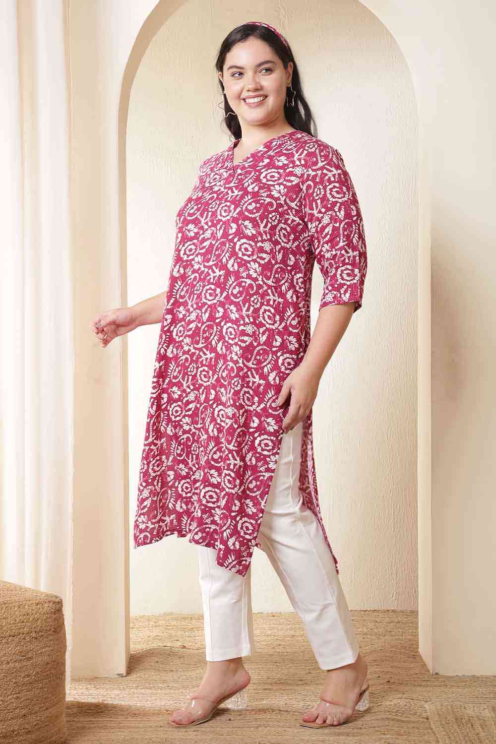 Plus Size Pink Batik Print Cotton V Neck Kurta | Made to Order