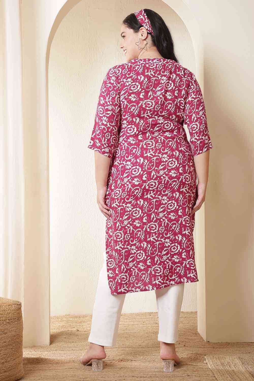 Plus Size Pink Batik Print Cotton V Neck Kurta | Made to Order