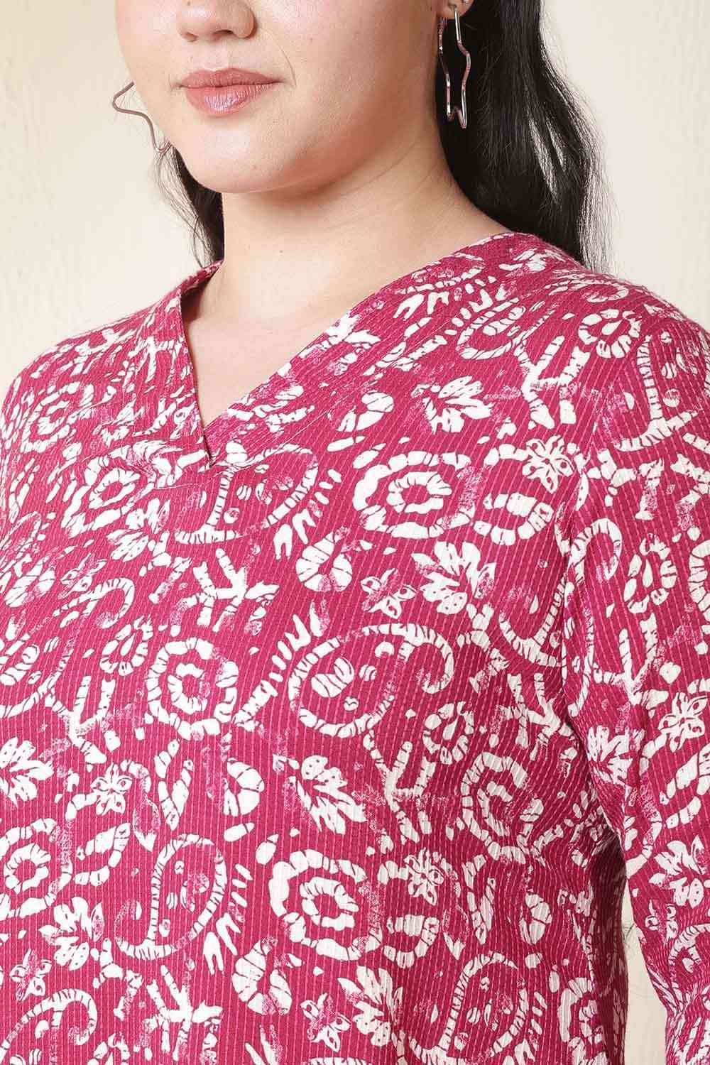 Plus Size Pink Batik Print Cotton V Neck Kurta | Made to Order