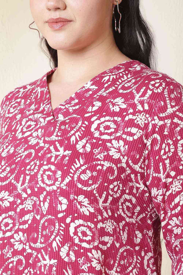 Plus Size Pink Batik Print Cotton V Neck Kurta | Made to Order