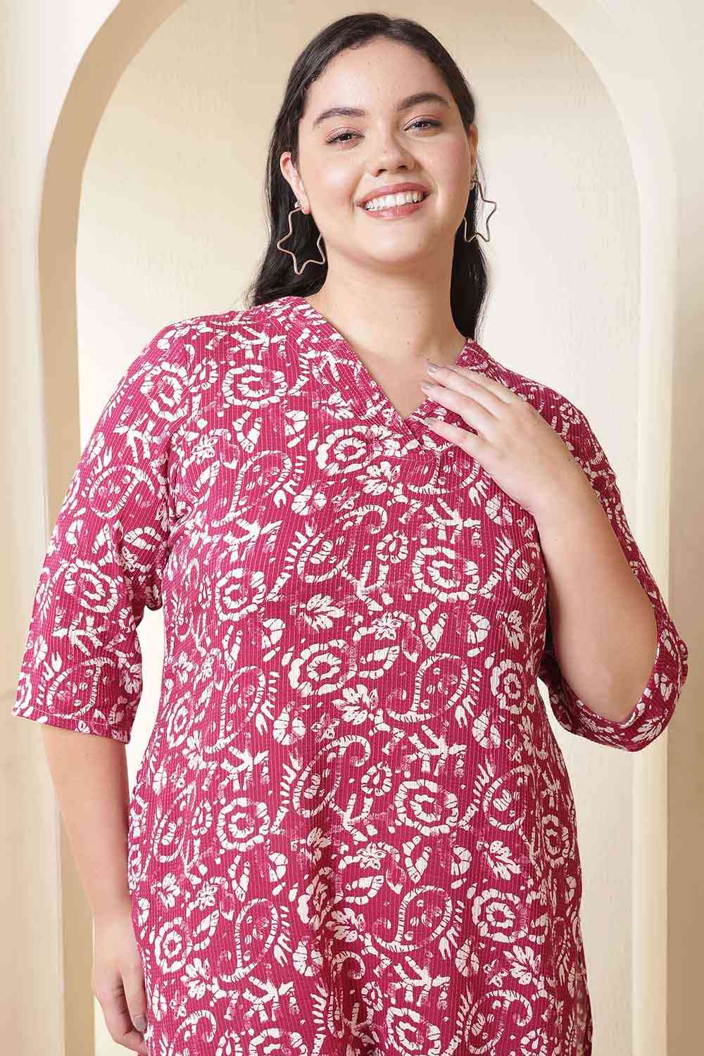 Plus Size Pink Batik Print Cotton V Neck Kurta | Made to Order