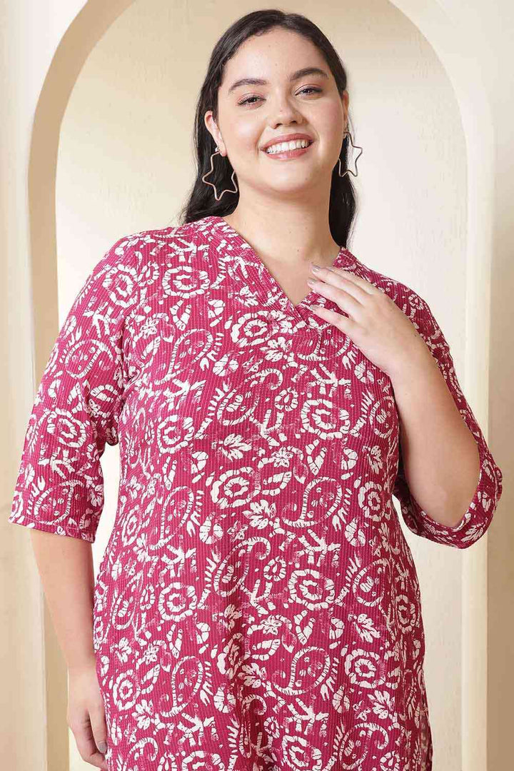 Plus Size Pink Batik Print Cotton V Neck Kurta | Made to Order