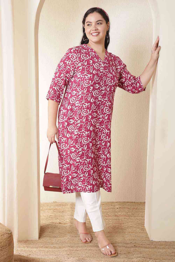 Plus Size Pink Batik Print Cotton V Neck Kurta | Made to Order