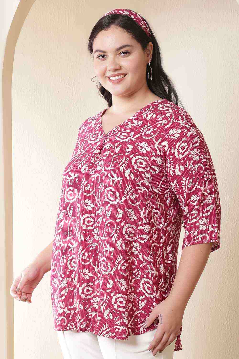 Plus Size Pink Center Pleat Batik Style Print V-Neck Cotton Top in Cotton | Made to Order