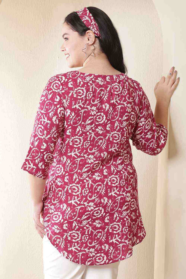 Plus Size Pink Center Pleat Batik Style Print V-Neck Cotton Top in Cotton | Made to Order