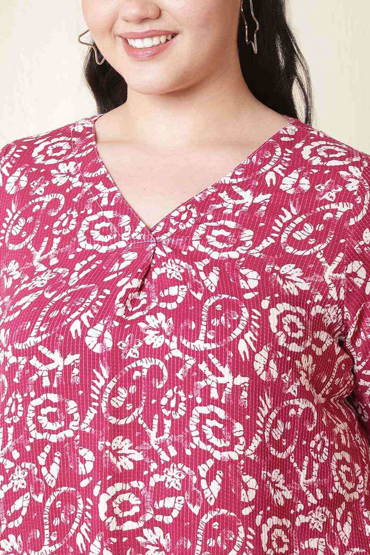 Plus Size Pink Center Pleat Batik Style Print V-Neck Cotton Top in Cotton | Made to Order