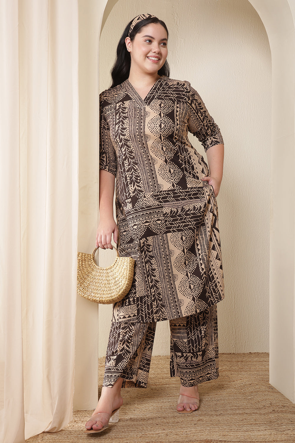 Plus Size Brown Black Printed Cotton Kurta Coord Set for women | Made to Order