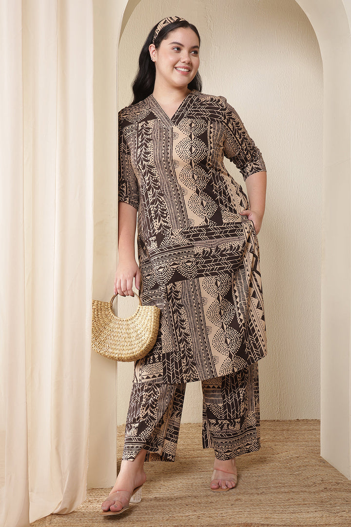 Plus Size Brown Black Printed Cotton Kurta Coord Set for women | Made to Order