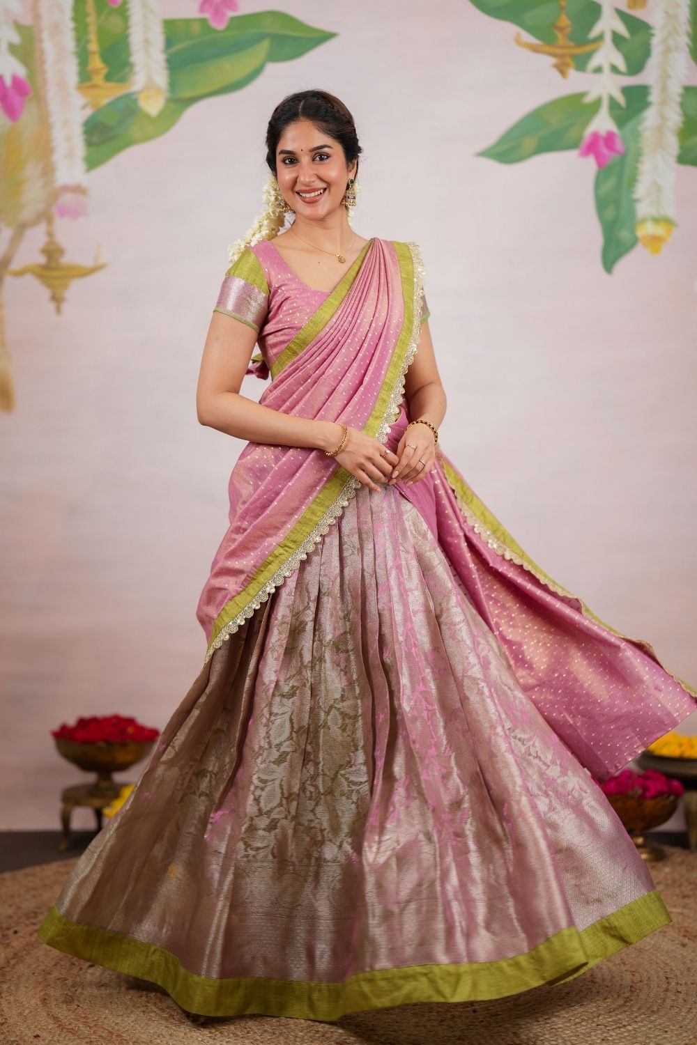 Nethra Pink with Green Halfsaree (Set of 3) | SHOBITAM