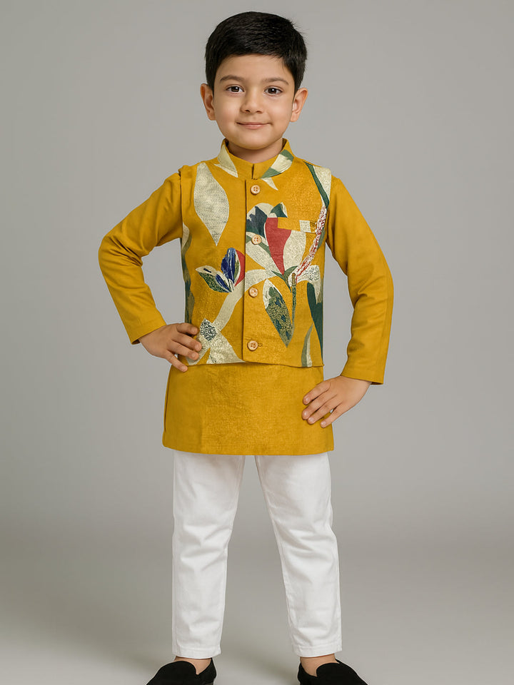 Boys Yellow Printed Kurta Pyjamas Jacket