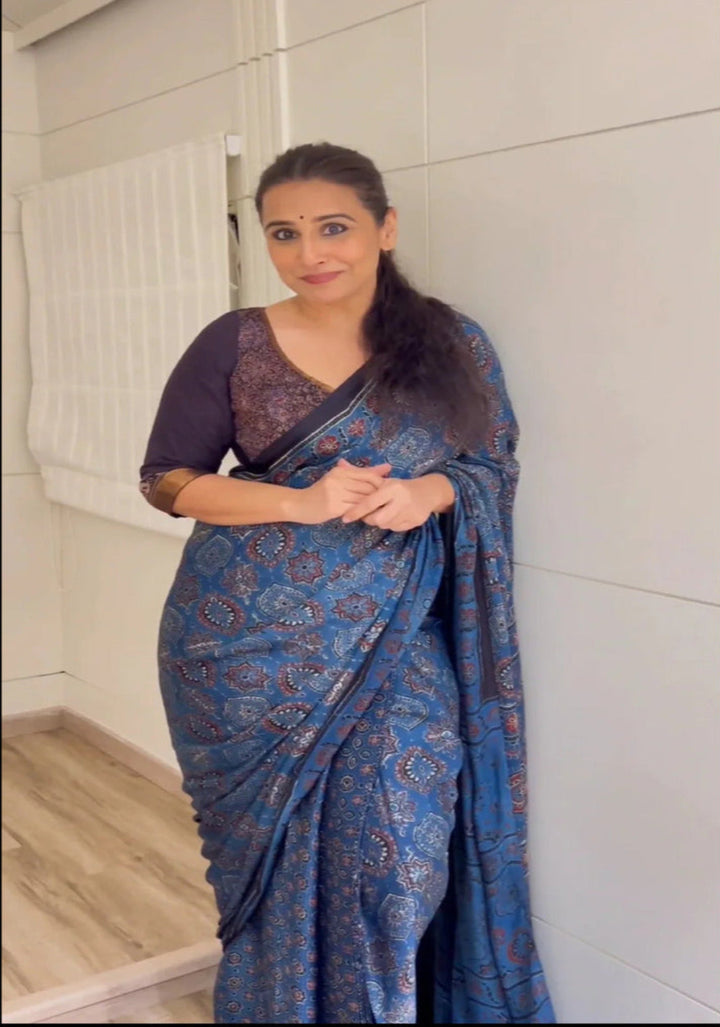 Stunning Indigo Ajrakh Hand Block Print on Modal Silk Saree. Vidya Balan Special!