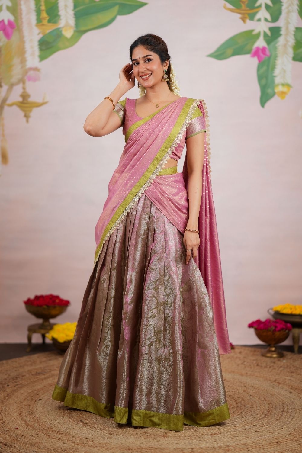 Nethra Pink with Green Halfsaree (Set of 3) | SHOBITAM