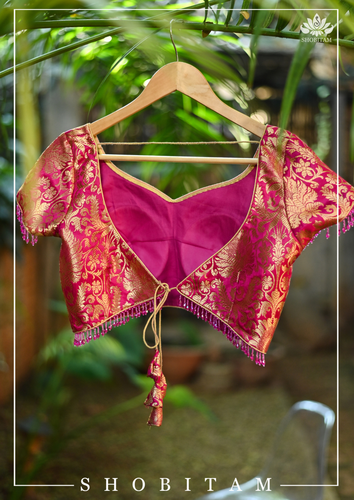 Rani Pink Banarasi Brocade Blouse with Back tie design and dangling beads