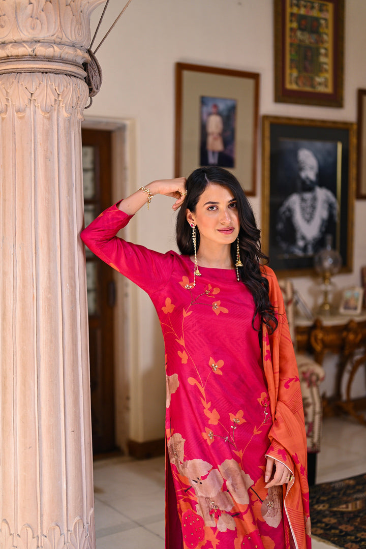 Fresh Pink and Orange Bloom Pure Muslin Suit Set With Patch Work and Moti with Tube Bead Work - SET OF-3 | SHOBITAM