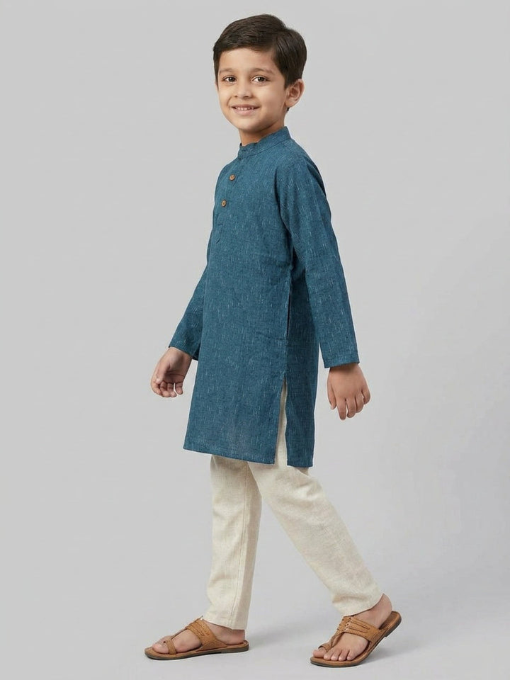 Boys Navy Blue Cotton Kurta Set with Rain Drop Print | SHOBITAM