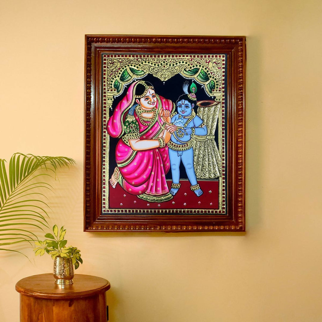 12*15 TANJORE PAINTING Yashoda with Krishna Authentic With 22 Ct Gold Foil and Jaipur Gemstones,Unframed |SHOBITAM