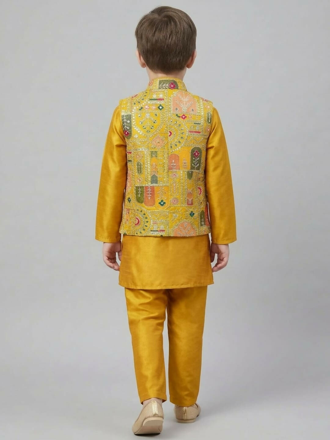Boys Mustard Kurta Pajama Set with Printed Nehru Jacket | SHOBITAM