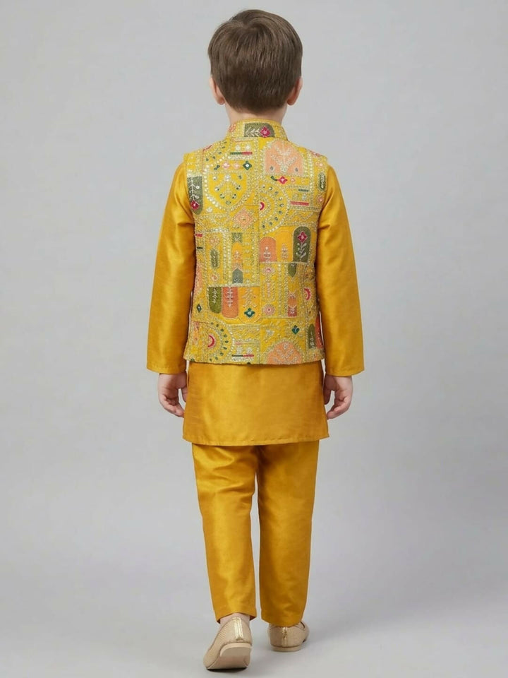 Boys Mustard Kurta Pajama Set with Printed Nehru Jacket | SHOBITAM