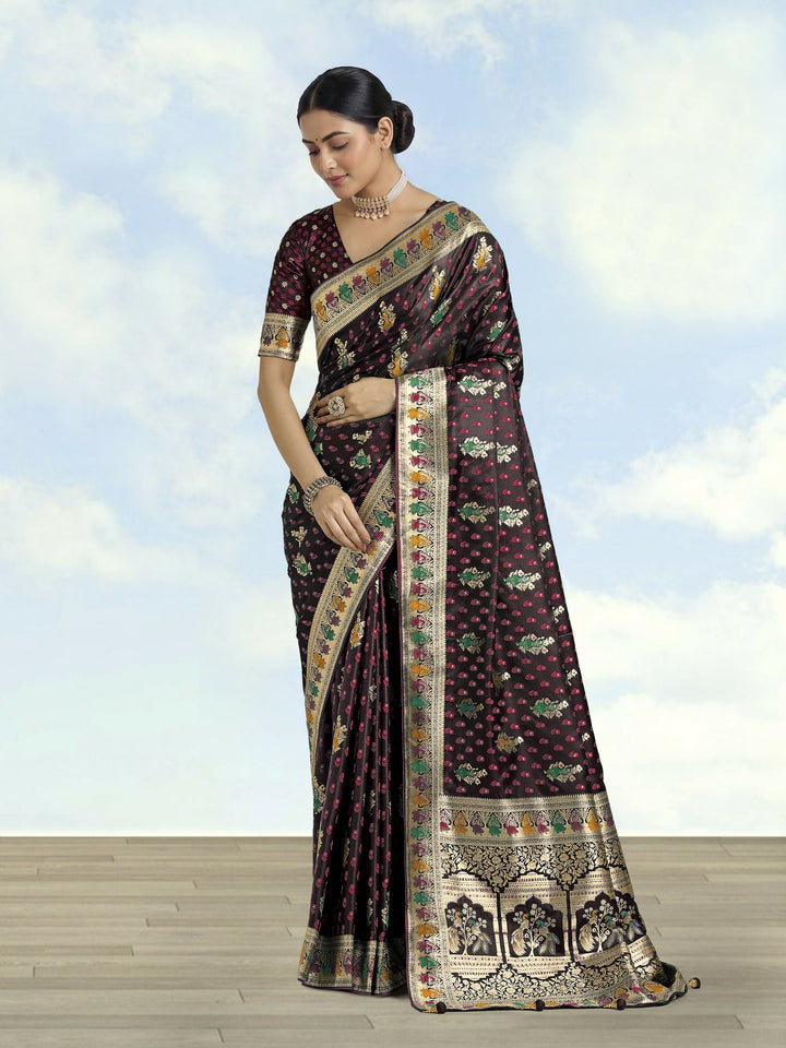 Maroon With Gold Bordar Banarasi Satin Zari Woven Saree | SHOBITAM