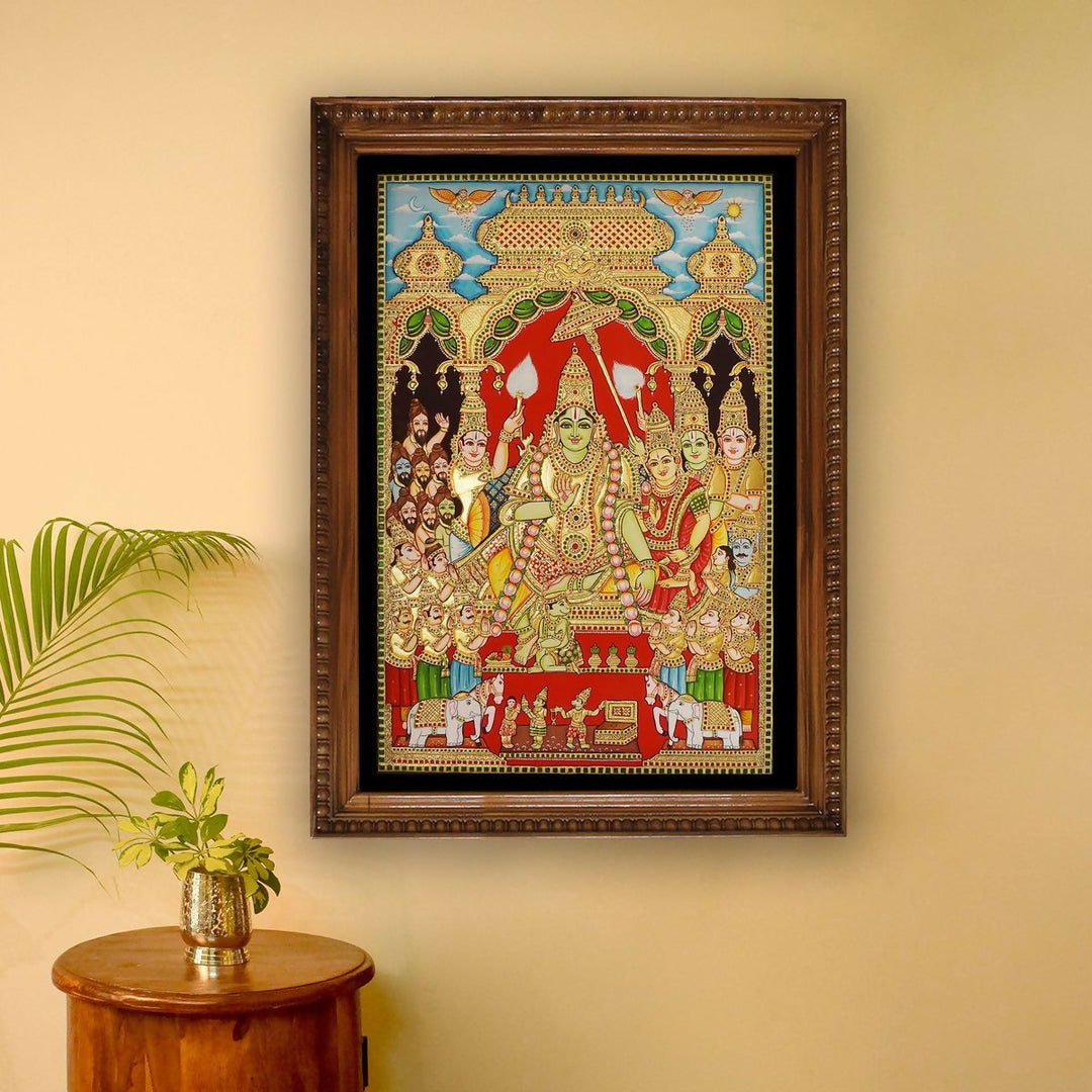 36*24" Ramar Pattabhishegam Tanjore Painting Authentic with 22 Ct Gold Foil and Jaipur Gemstones, Unframed | SHOBITAM